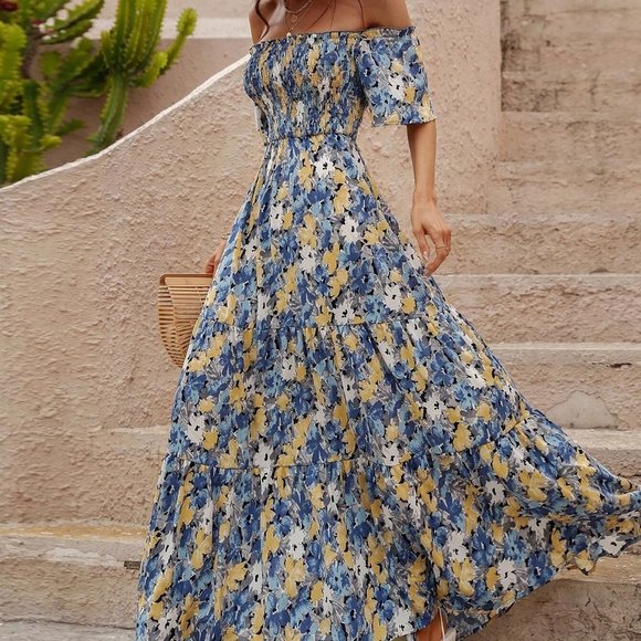 . Dresses & Skirts - Blue Boho Womens Allover Floral Print Shirred Off Shoulder Ruffle Hem Dress